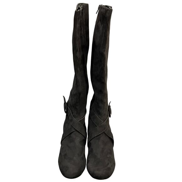 Nine West Black Faux Suede Cross Strap Block Heel Tall Riding Boot Women 8.5 - Picture 4 of 10